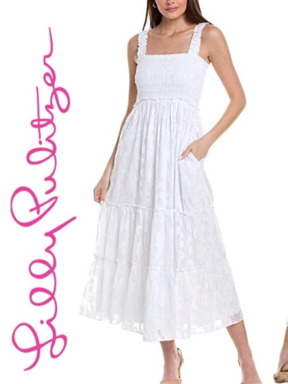LILLY PULITZER Hadly Smocked Bodice Maxi Dress Resort White Crepe Swirl  XL $248